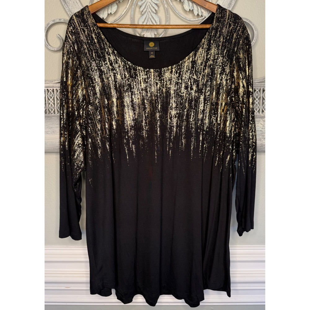 JM Collection Womens 3X Black Gold Metallic Foil Waterfall Print 3/4 Sleeve Top